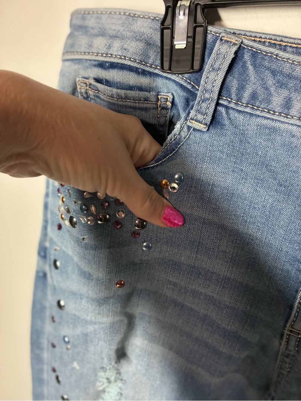 Light Wash Distressed Women's Jeans with Stud Detail - Picture 4 of 7